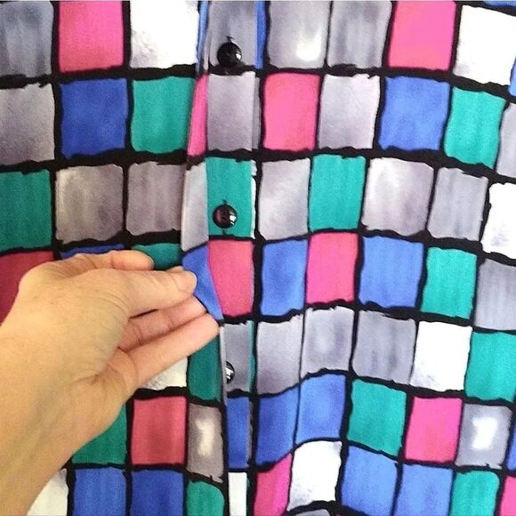 VTG 90s Colorful Colorblock Printed Button Down Satin Blouse Size 12 - Picture 8 of 15